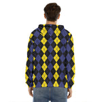 Yellow Black And Blue Argyle Print Men's Velvet Pullover Hoodie