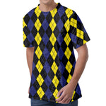 Yellow Black And Blue Argyle Print Men's Velvet T-Shirt