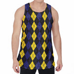 Yellow Black And Blue Argyle Print Men's Velvet Tank Top