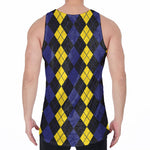 Yellow Black And Blue Argyle Print Men's Velvet Tank Top
