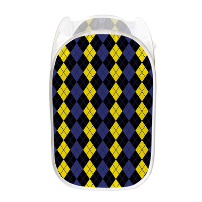 Yellow Black And Blue Argyle Print Mesh Laundry Hamper