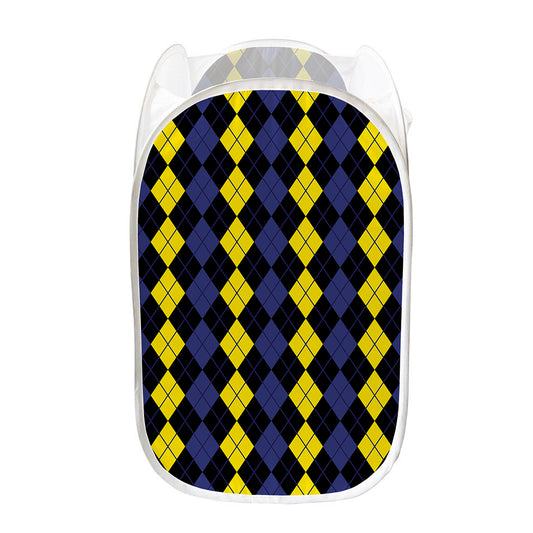 Yellow Black And Blue Argyle Print Mesh Laundry Hamper