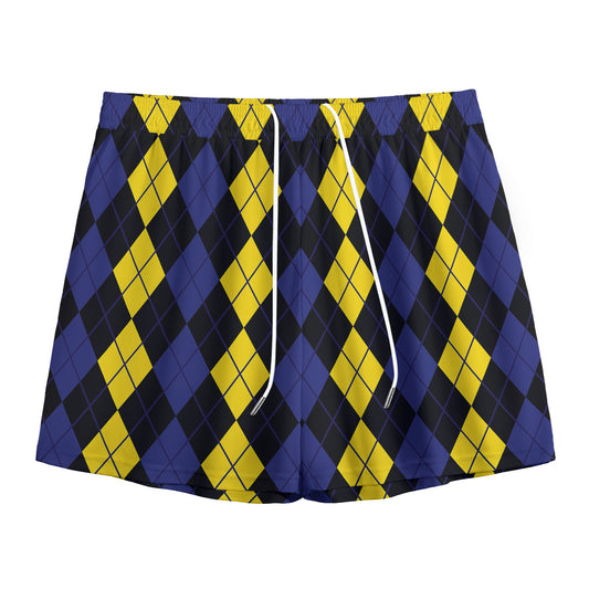 Yellow Black And Blue Argyle Print Mesh Shorts