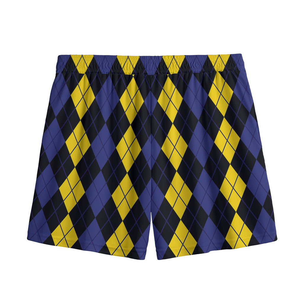 Yellow Black And Blue Argyle Print Mesh Shorts