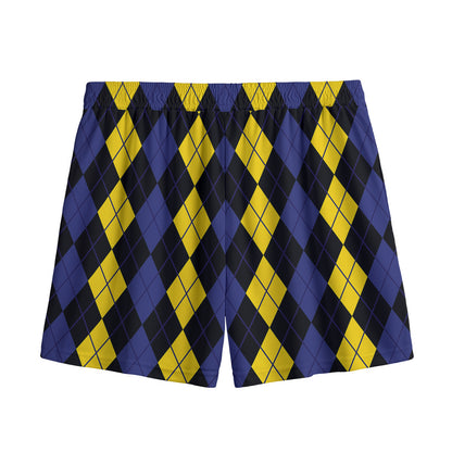 Yellow Black And Blue Argyle Print Mesh Shorts