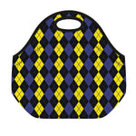 Yellow Black And Blue Argyle Print Neoprene Lunch Bag