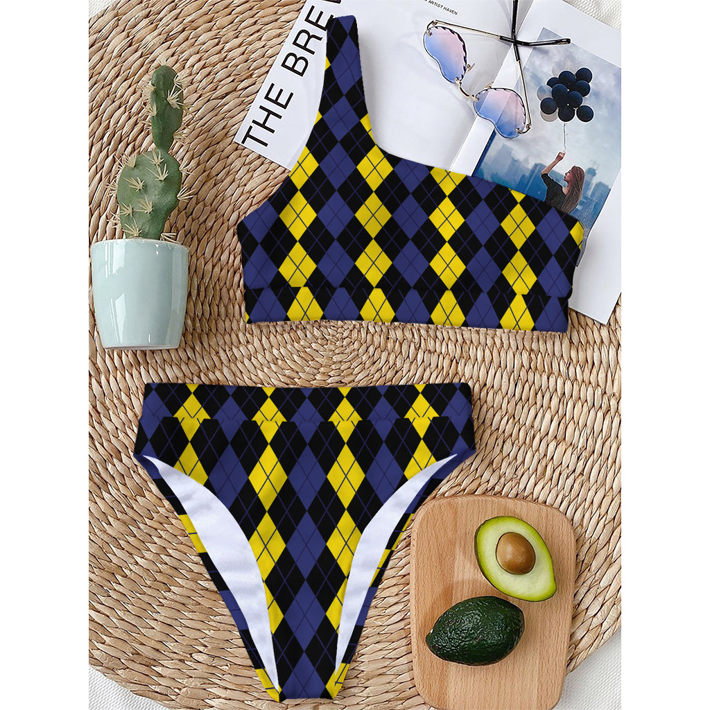 Yellow Black And Blue Argyle Print One Shoulder Bikini Top