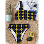 Yellow Black And Blue Argyle Print One Shoulder Bikini Top