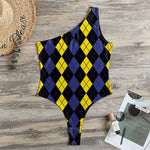 Yellow Black And Blue Argyle Print One Shoulder Bodysuit