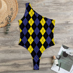 Yellow Black And Blue Argyle Print One Shoulder Bodysuit