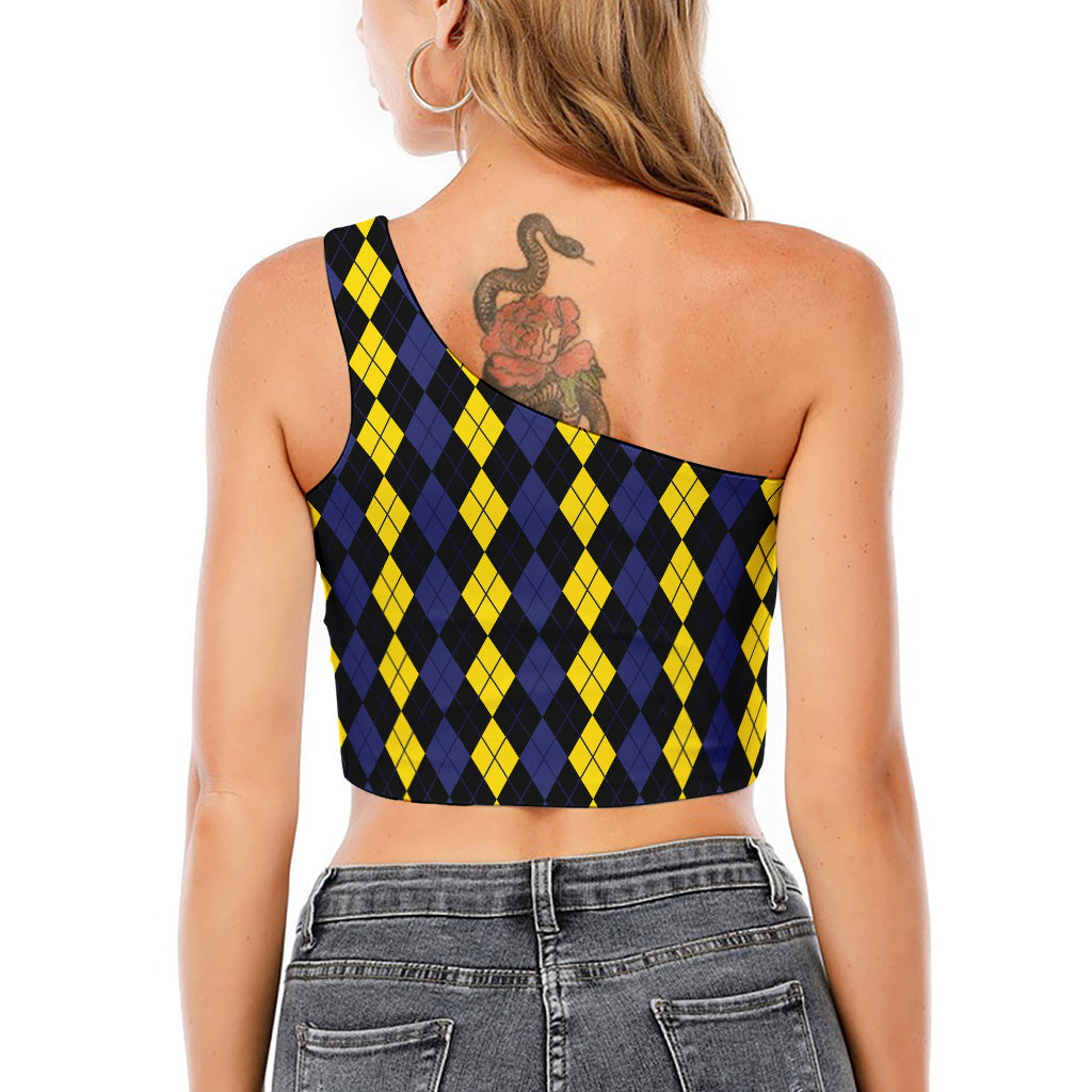 Yellow Black And Blue Argyle Print One Shoulder Crop Top