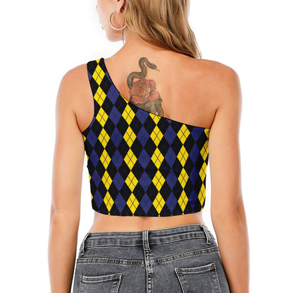 Yellow Black And Blue Argyle Print One Shoulder Crop Top
