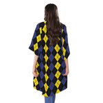 Yellow Black And Blue Argyle Print Open Front Beach Cover Up
