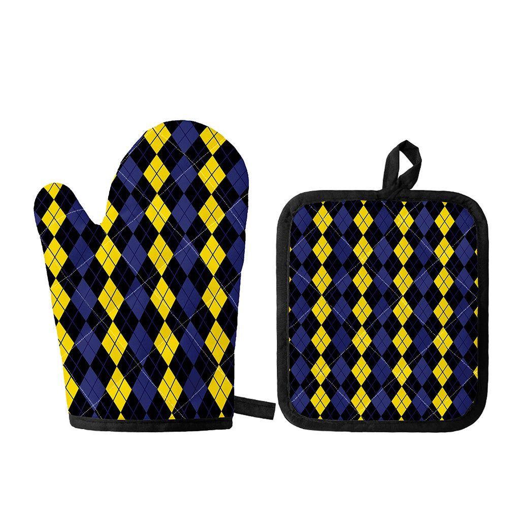 Yellow Black And Blue Argyle Print Oven Mitt And Pot Holder Set