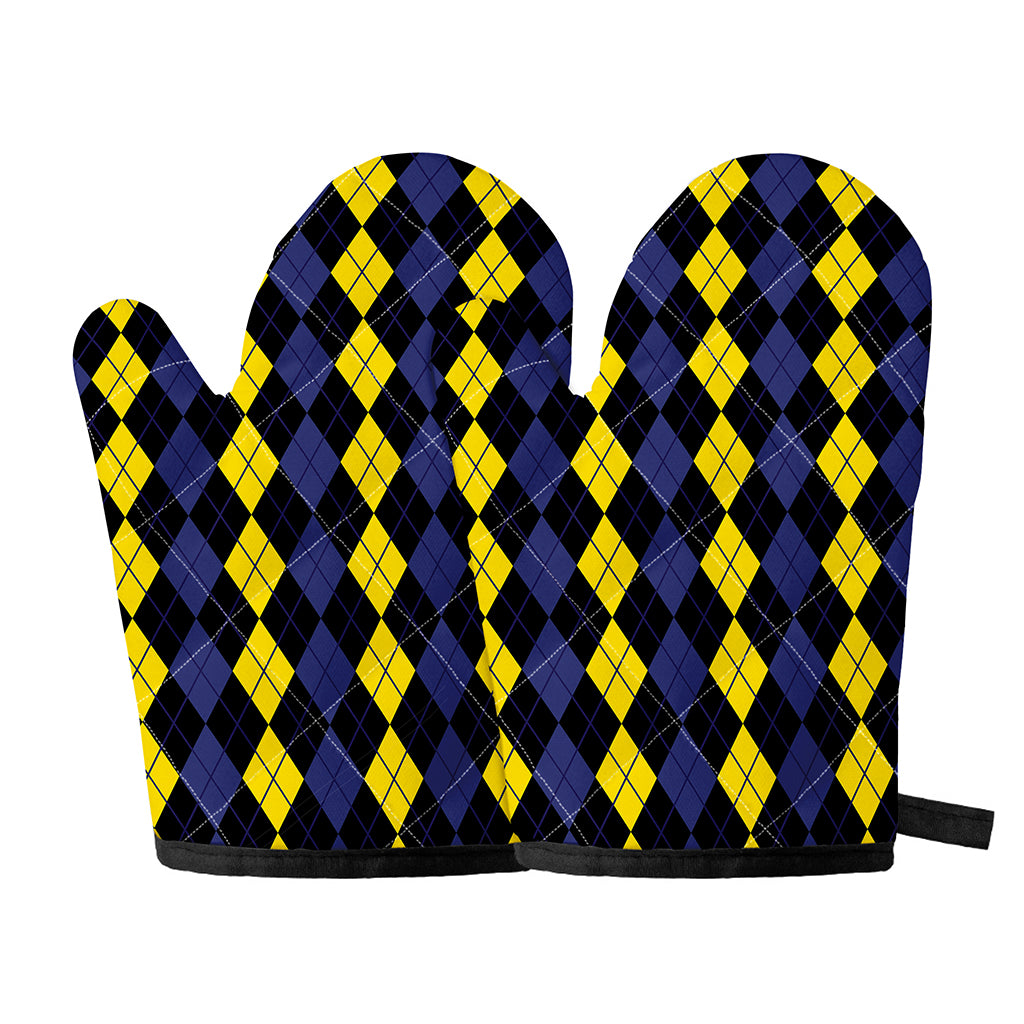 Yellow Black And Blue Argyle Print Oven Mitts