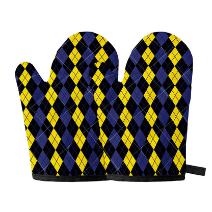 Yellow Black And Blue Argyle Print Oven Mitts