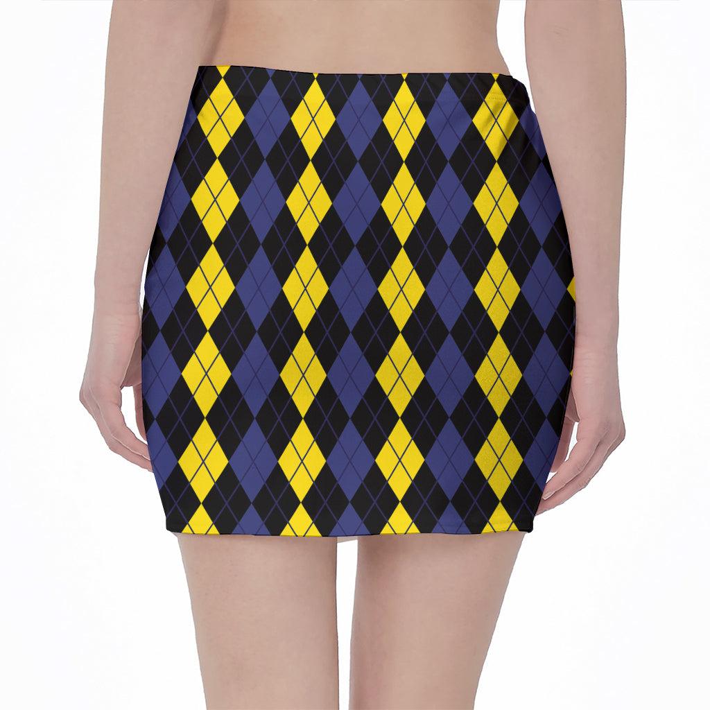 Yellow Black And Blue Argyle Print Pencil Mini Skirt