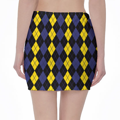 Yellow Black And Blue Argyle Print Pencil Mini Skirt