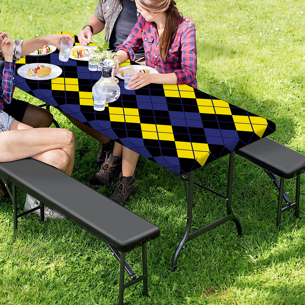 Yellow Black And Blue Argyle Print Picnic Table Cover