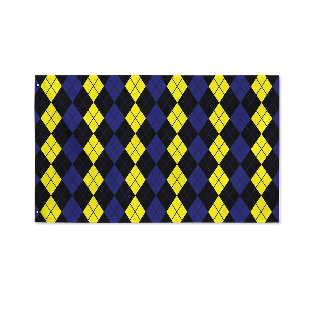 Yellow Black And Blue Argyle Print Polyester Flag
