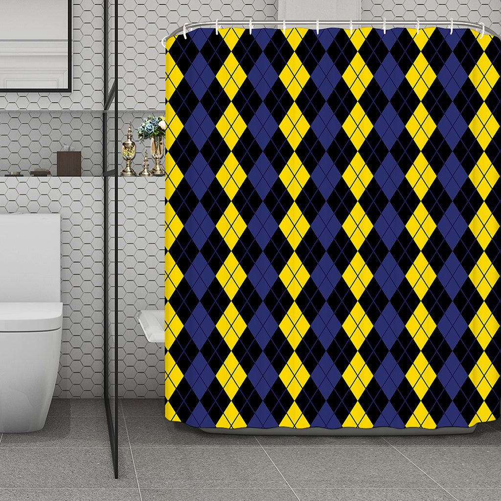 Yellow Black And Blue Argyle Print Polyester Shower Curtain