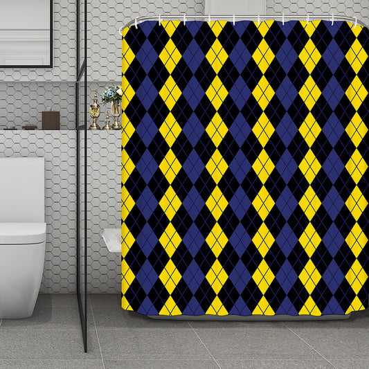 Yellow Black And Blue Argyle Print Polyester Shower Curtain