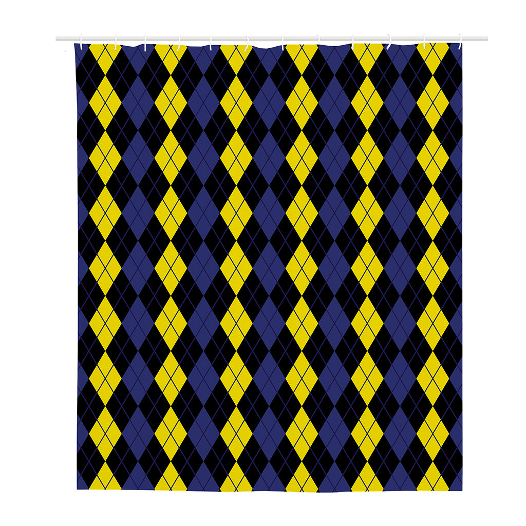 Yellow Black And Blue Argyle Print Polyester Shower Curtain