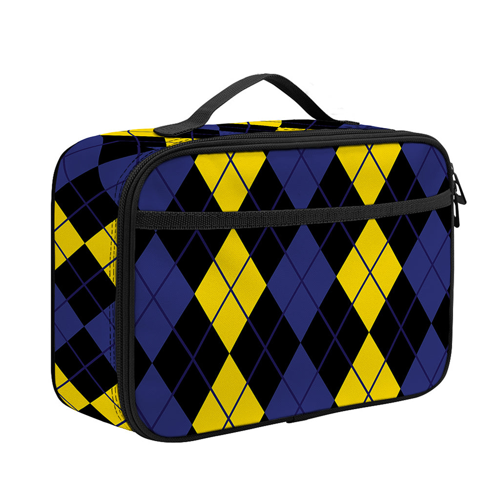 Yellow Black And Blue Argyle Print Portable Lunch Bag