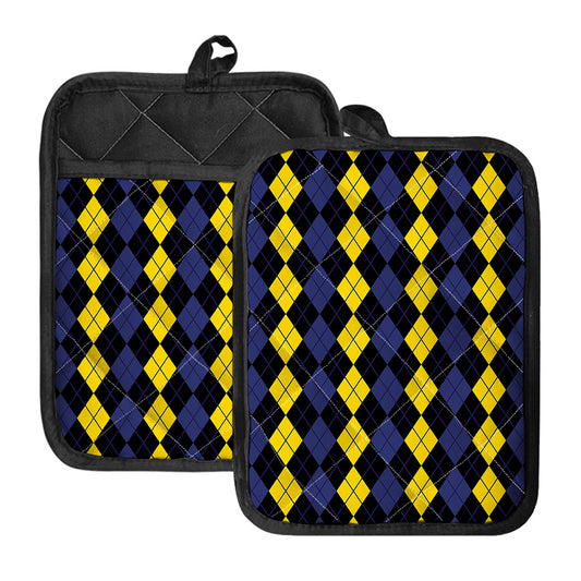 Yellow Black And Blue Argyle Print Pot Holders With Pocket