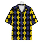 Yellow Black And Blue Argyle Print Rayon Hawaiian Shirt