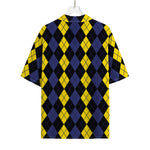 Yellow Black And Blue Argyle Print Rayon Hawaiian Shirt