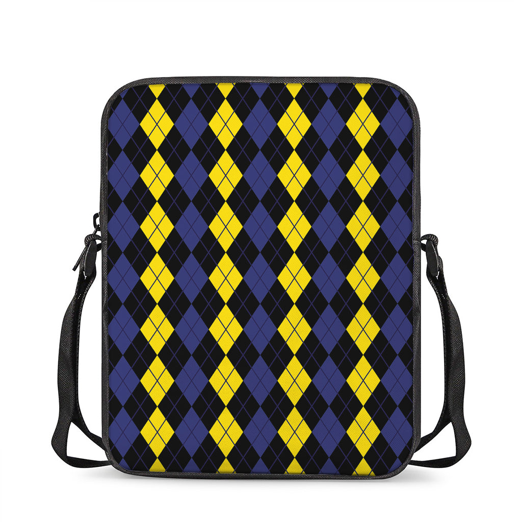 Yellow Black And Blue Argyle Print Rectangular Crossbody Bag