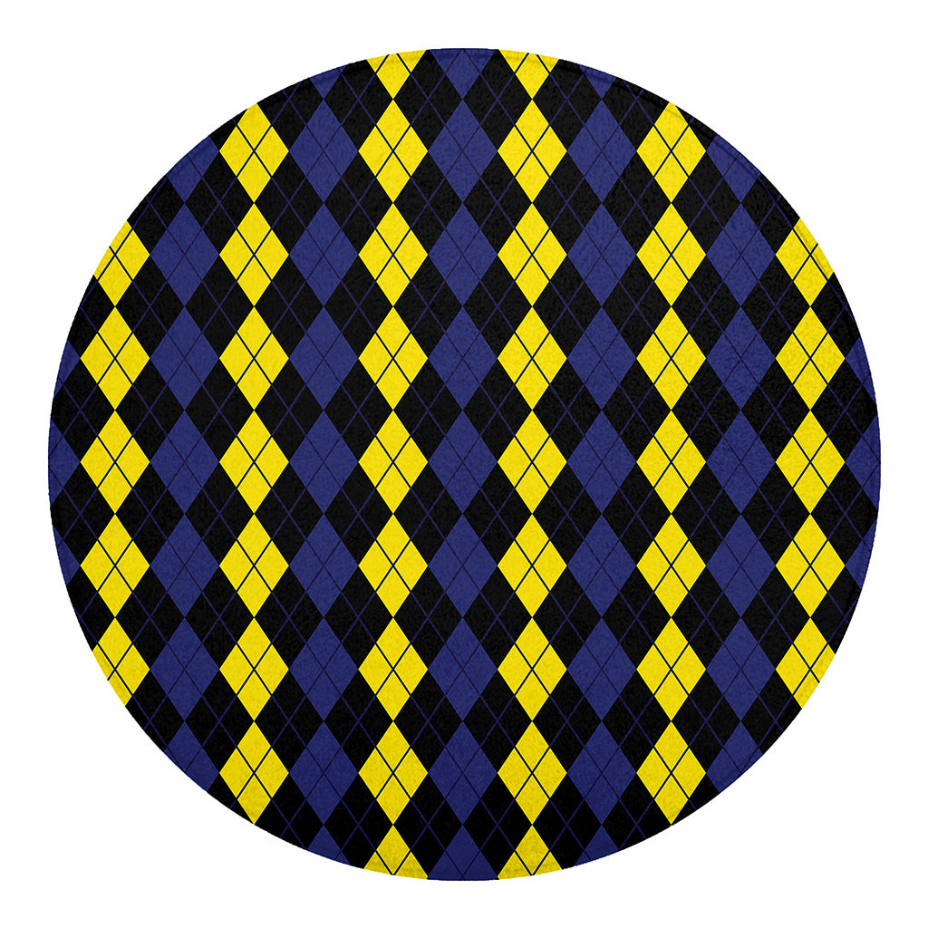 Yellow Black And Blue Argyle Print Round Blanket