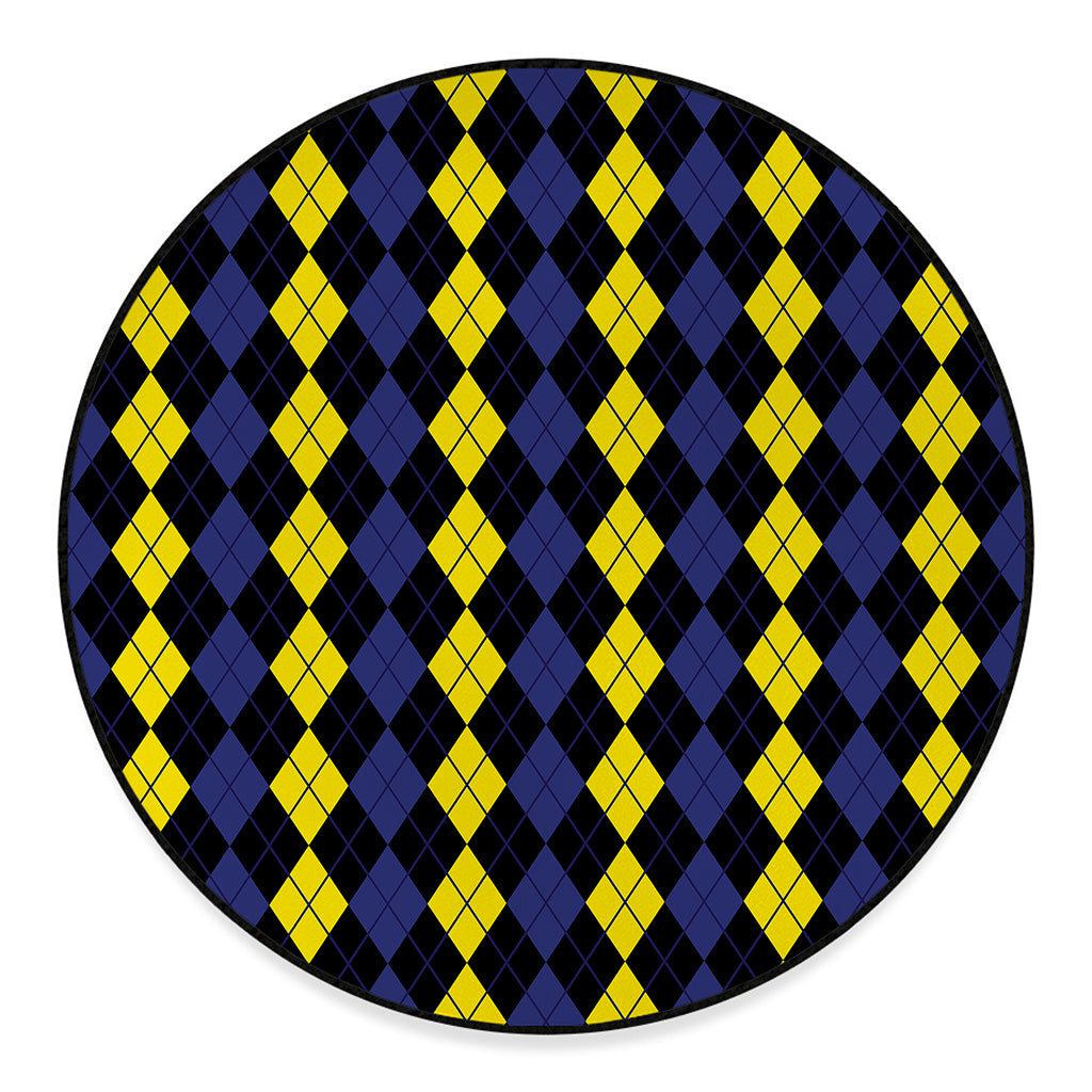 Yellow Black And Blue Argyle Print Round Floor Mat