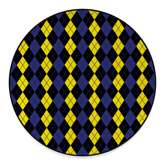 Yellow Black And Blue Argyle Print Round Floor Mat