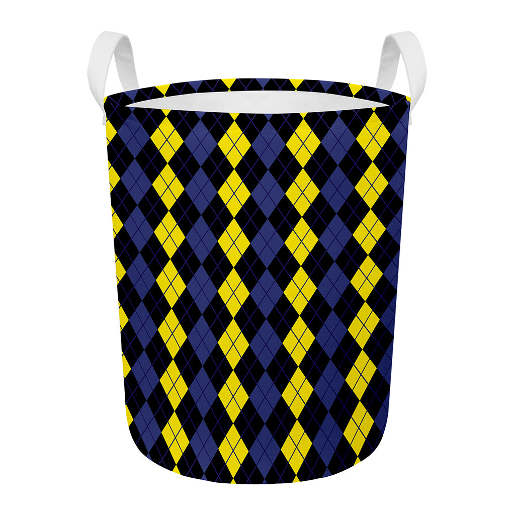 Yellow Black And Blue Argyle Print Round Laundry Basket
