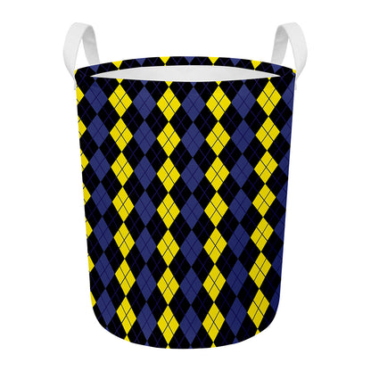Yellow Black And Blue Argyle Print Round Laundry Basket