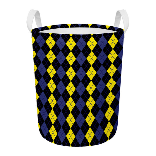 Yellow Black And Blue Argyle Print Round Laundry Basket