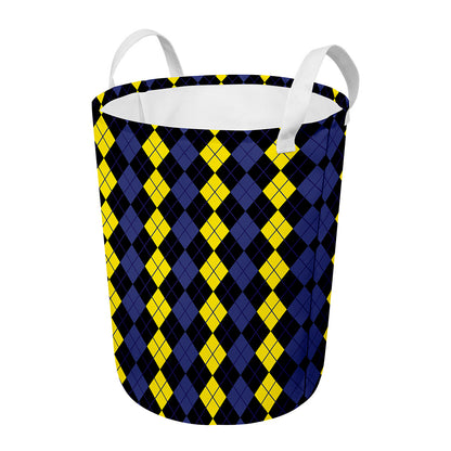 Yellow Black And Blue Argyle Print Round Laundry Basket