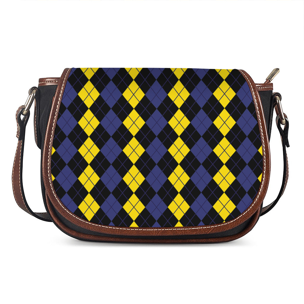 Yellow Black And Blue Argyle Print Saddle Bag