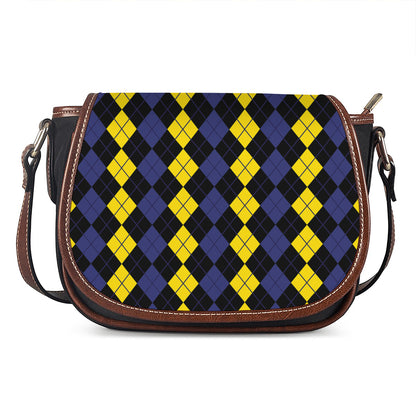 Yellow Black And Blue Argyle Print Saddle Bag