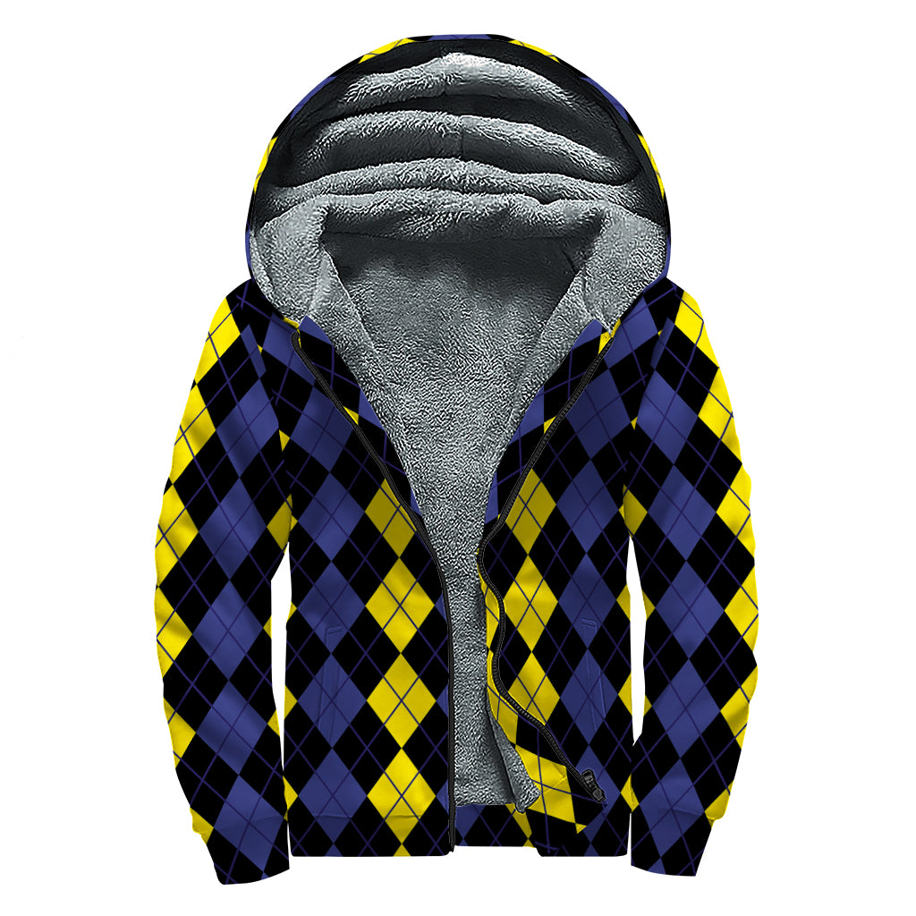 Yellow Black And Blue Argyle Print Sherpa Lined Zip Up Hoodie