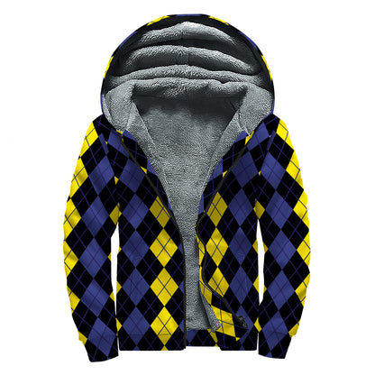 Yellow Black And Blue Argyle Print Sherpa Lined Zip Up Hoodie