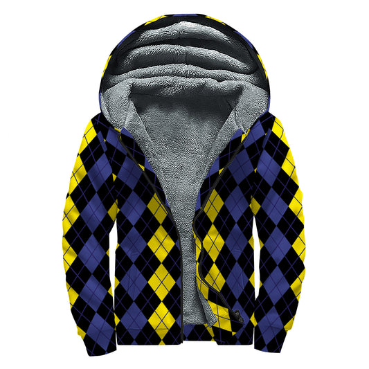 Yellow Black And Blue Argyle Print Sherpa Lined Zip Up Hoodie