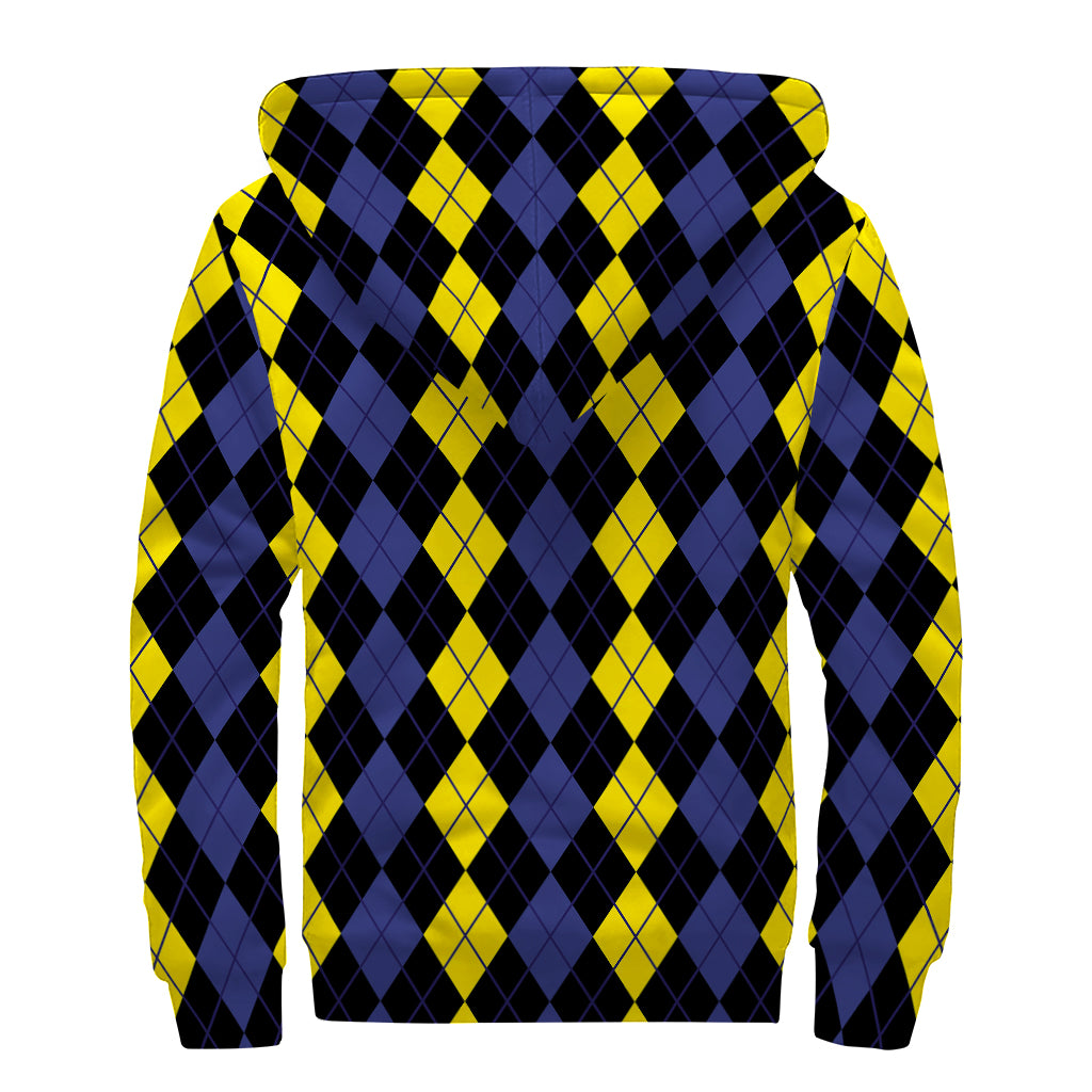 Yellow Black And Blue Argyle Print Sherpa Lined Zip Up Hoodie
