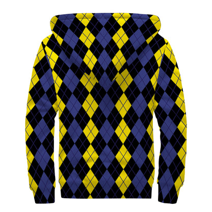 Yellow Black And Blue Argyle Print Sherpa Lined Zip Up Hoodie