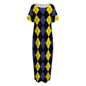 Yellow Black And Blue Argyle Print Short Sleeve Long Nightdress