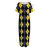 Yellow Black And Blue Argyle Print Short Sleeve Long Nightdress