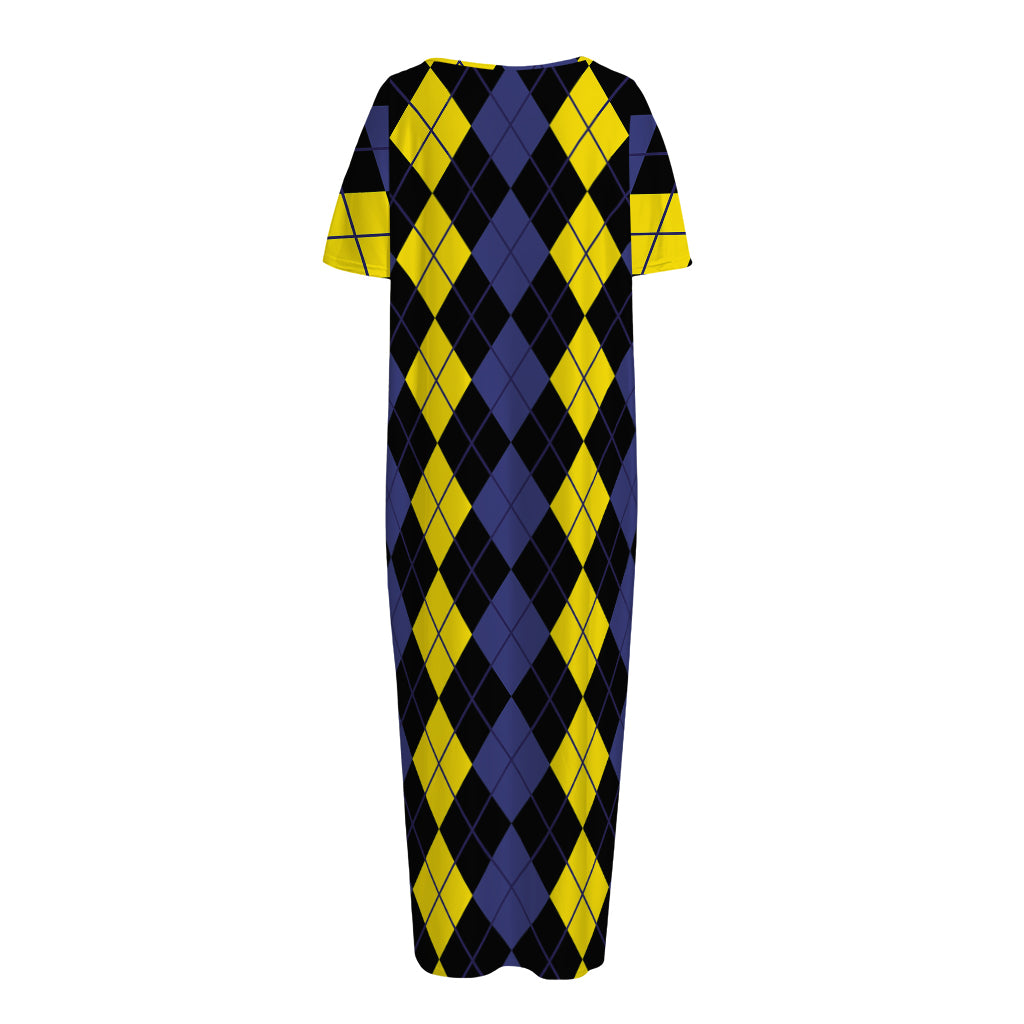 Yellow Black And Blue Argyle Print Short Sleeve Long Nightdress