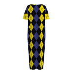 Yellow Black And Blue Argyle Print Short Sleeve Long Nightdress